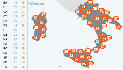 Temperature Massime Mercoledi 25 Settembre