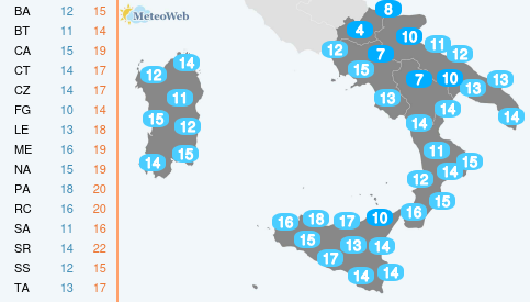 Temperature Minime Giovedi 21 Novembre