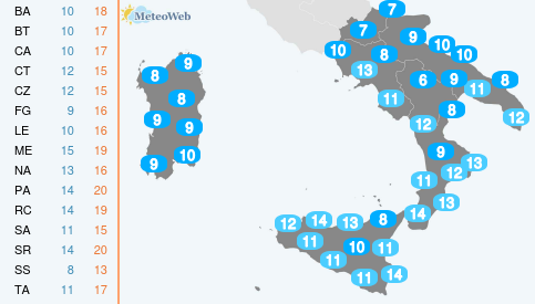 Temperature Minime Sabato 14 Dicembre