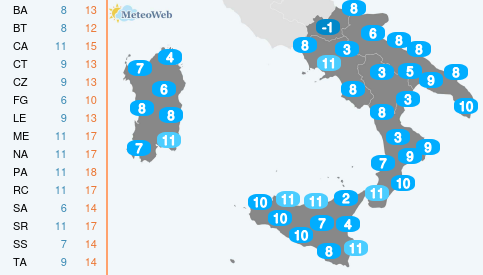 Temperature Minime Giovedi 12 Dicembre