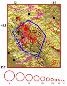 Figura 1. Sismicità storica della Val Tiberina. In nero i principali elementi tettonici. I cerchi rossi rappresentano i terremoti avvenuti dopo l’anno 1000: la loro grandezza è proporzionale all’intensità sulla scala MCS. Il poligono contornato in blu, al cui interno è presente Città di Castello, rappresenta l’area entro cui potrebbe in futuro svilupparsi un terremoto con intensità fino al IX-X grado scala MCS (da Mantovani ed altri, 2012)