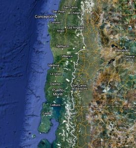La costa del Cile maggiormente interessata dallo tsunami del 1960: da Concepcion all’isola di Chiloè, a sud. Da qui lo tsunami si propaga per l’intero Pacifico (da Google)