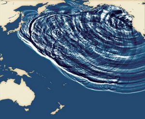 Figura 6. Il modello teorico, simulato al computer, dello tsunami del 1700. Partendo dalla Cascadia, le onde hanno attraversato l’intero Oceano Pacifico, giungendo sulle coste giapponesi nel giro di dirca 10 ore. Poi hanno proseguito la loro corsa fino a Papua Nuova Guinea ed Australia (da Atwater et alii, 2005)