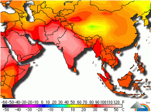 Si nota l'intensa calura in crescita sull'area indo-pakistana