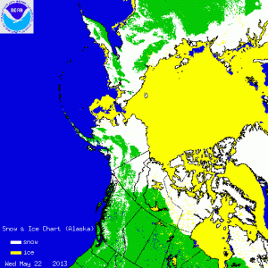 La mappa evidenzia l'esteso innevamento su buona parte dell'Alaska e del Canada settentrionale. Si nota anche il ghiaccio che copre la baia di Hudson e lo Stretto di Bering (credit NOAA)