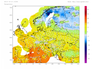 Si nota il nucleo di aria molto fredda sul nord della Scandinavia, dove i termometri scivolano sotto i -10°C