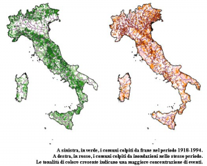 Fig.2 - A sinistra, in verde, i comuni colpiti da frane nel periodo 1918-1994. A destra, in rosso, i comuni colpiti da inondazioni nello stesso periodo. La tonalità di colore crescente indica una maggiore concentrazione di eventi