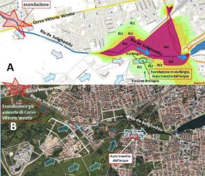 Figura 4: L'immagine A illustra il rischio idraulico secondo il PAI (piano regionale del rischio idrogeologico) con l'individuazione delle diverse classi di rischio previsto; nell'immagine B, costituente una recente foto satellitare di Olbia, sono schematizzati i principali avvenimenti causati da Riu de Seligheddu nell'abitato di Olbia nella zona di Corso Vittorio Veneto e di via Belgio.