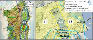 Figura 6: ricostruzione del percorso della perturbazione e dei cumulonembi da sud a nord, secondo i dati pubblicati dalla regione. L'immagine a destra illustra la terminazione nord della perturbazione dove le precipitazioni più significative sono terminate intorno alle ore 18, molte decine di minuti prima che i flussi fangoso-detritici causassero i vari dissesti tra le falde di Monte Pinu e l'abitato di Olbia. La fascia entro la quale sono scorsi i cumulonembi è delimitata dalla isoieta di 53,1mm.