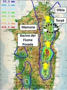 Le precipitazioni cadute il 18.12.2013 sulla Sardegna. In certe zone del centro-isola si sono superati i 400 mm (da Ortolani et alii) 