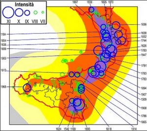 Fig.4 Carta PSHA e terremoti per la Calabria e Sicilia. Vedi fig.1 e 2