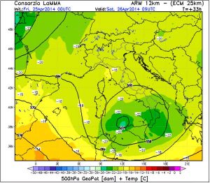 Figura 1: situazione alla superficie isobarica 500 hPa (4h prima del temporale)