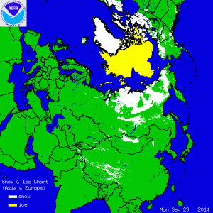 La mappa elaborata oggi mostra l'evidente avanzamento del manto nevoso su buona parte dei territori della Siberia centro-orientale (credit NOAA)