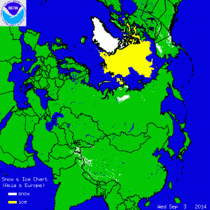 La mappa mostra l'allargamento dei terreni innevati sul nord della Siberia centrale (credit NOAA)