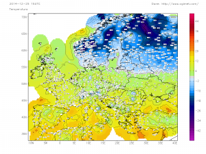 La mappa delle temperature mostra l'area di origine dell'ondata di freddo che nei prossimi giorni investirà l'Italia