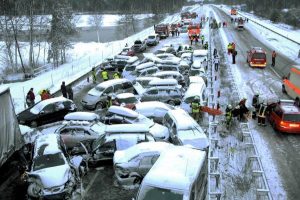 A general view of a mass pile-up of cars at the Autobahn 93 freeway near Schwandorf