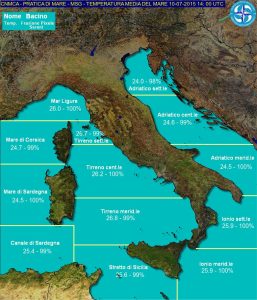 Le temperature delle acque superficiali dei mari che circondano l'Italia