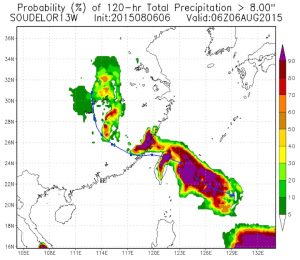 Le precipitazioni di "Soudelor" durante il passaggio fra Taiwan e la costa cinese orientale