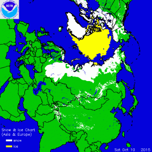 L'attuale innevamento sui territori dell'Eurasia, si nota la diffusione del manto nevoso fresco anche sui bassopiani Sarmatici 