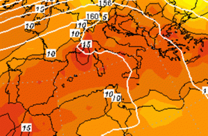 Le temperature ad 850hPa di lunedì 9 novembre