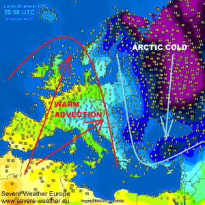 L'aria molto fredda in discesa verso l'Ucraina e le innevate pianure della Russia europea