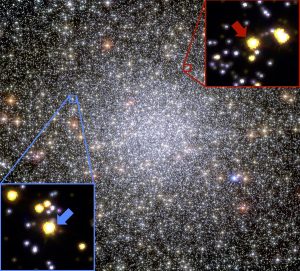 I riquadri evidenziano due delle stelle "pesate" dal team di ricercatori all’interno dell’ammasso 47 Tucanae