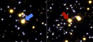 Due delle stelle "pesate" dalla bilancia cosmica: nonostante siano indistinguibili in termini di luminosità e colore, la stella di sinistra ha una massa doppia di quella mostrata nel riquadro di destra. L’immagine è stata ottenuta dalla combinazione di tre esposizioni in filtri diversi, ottenute con il Telescopio Spaziale Hubble (crediti: Cosmic-Lab/ Ferraro/Dalessandro)