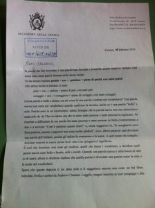 La lettera dell'accademia della crusca che fa entrare la parola petaloso nel suo vocabolario