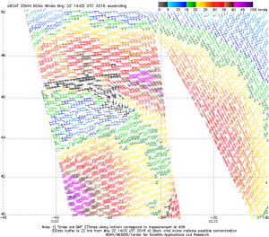 I forti venti di tempesta ripresi dal passaggio dell'ASCAT. Credit NOAA