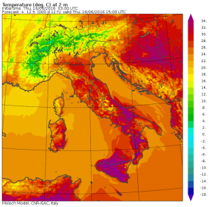 Le temperature massime previste per oggi sull'Italia dal modello BOLAM del CNR