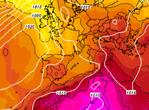 Le temperature previste ad 850hPa per oggi pomeriggio: netta risalita calda al Sud - Mappa GFS