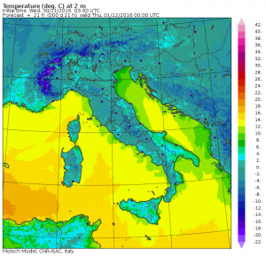 Le temperature previste al suolo per la prossima notte - Mappa MOLOCH CNR