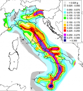 Mappa della pericolosità sismica in Italia, fonte INGV