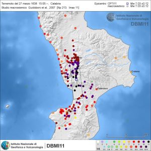 Distribuzione degli effetti del terremoto del 27 marzo 1638 secondo Guidoboni et al. (2007), fonte ingvterremoti.com