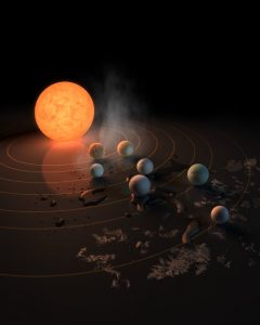 Questa rappresentazione artistica mostra TRAPPIST-1 e i suoi pianeti su una superficie riflettente. La potenziale presenza di acqua suii pianeti è evocata dalla brina, dalle gocce d'acqua e dal vapore che circonda la scena. L'immagine è sulla copertina del numero del 22 febbraio 2017 di Nature. Credit: NASA/R. Hurt/T. Pyle