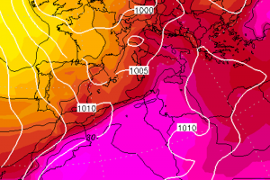 La previsione delle temperature ad 850hPa (circa 1.500 metri di altitudine) per Mercoledì 28 Giugno: super caldo all'estremo Sud, fino a +45°C in Sicilia e Puglia, ma di oltre +40°C su gran parte d'Italia dalla Romagna alla Calabria