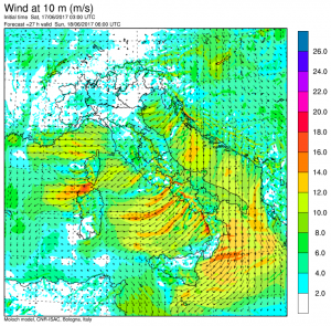 I forti venti che domattina spazzeranno il Centro/Sud da Nord/Est con temperature in picchiata (mappa dell'ISAC-CNR)