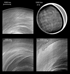 I nuovi tipi morfologici delle nuvole scoperte nel lato notturno di Venere grazie a Venus Express (ESA) e al telescopio infrarosso IRTF (NASA): le onde stazionarie (Venus Express, in alto a sinistra), schema a rete (IRTF, in alto a destra), filamenti misteriosi (Venus Express, in basso a sinistra) e instabilità dinamica (Venus Express, in basso a destra). Crediti: ESA e NASA.