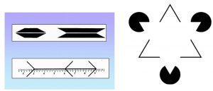 A sinistra: variazione di percezione della lunghezza di un segmento in base alla variazione del contesto. A destra: il triangolo bianco viene percepito anche se in realtà non è disegnato.