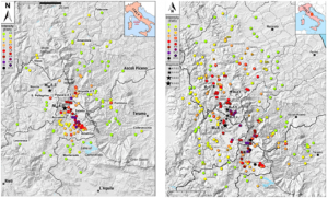 Distribuzione dei valori di intensità EMS dopo il terremoto del 24 agosto 2016 (Mw 6.0 e Mw 5.3) – a sinistra – e dopo gli eventi del 26 (Mw 5.4 e 5.9) e del 30 ottobre 2016 (Mw 6.5) – a destra. Si nota il forte aggravamento a seguito delle scosse di fine ottobre e l’estensione del danneggiamento soprattutto in direzione nord.