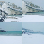 Burian, continua a nevicare in Puglia: 20cm a Vieste, un metro a Vico del Gargano. Ecco come Pizzomunno aspetta la sua Cristalda [FOTO e VIDEO]