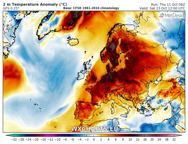 caldo europa 13 ottobre anomalia termica