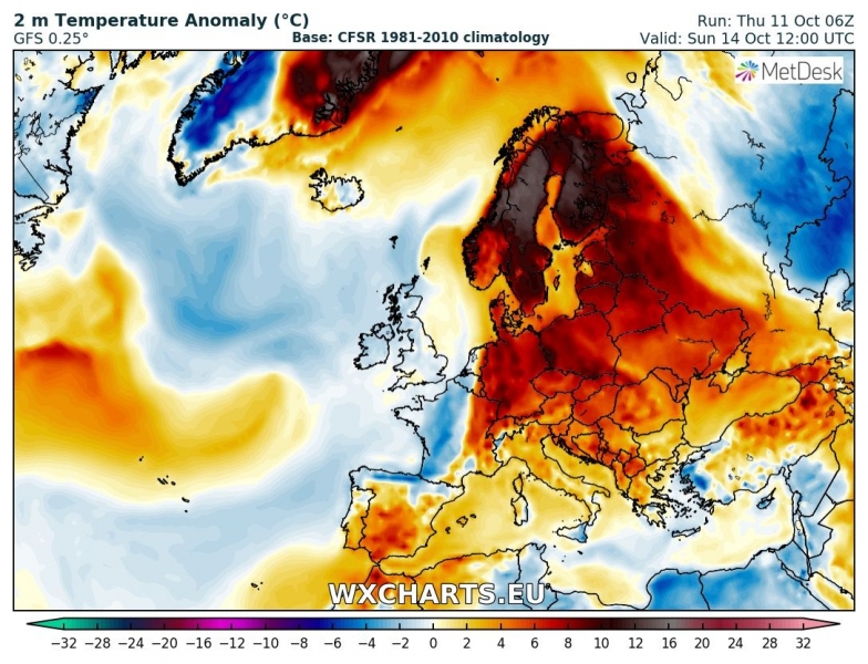 caldo europa 14 ottobre anomalia termica