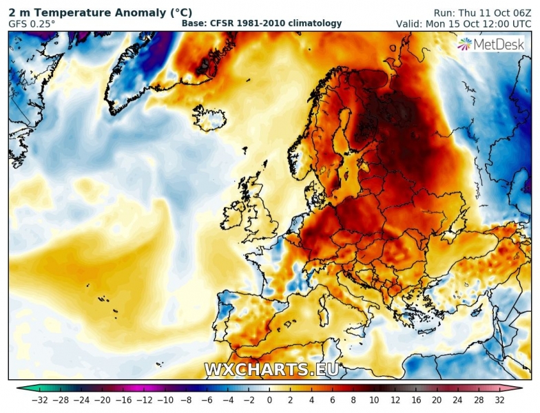 caldo europa 15 ottobre anomalia termica