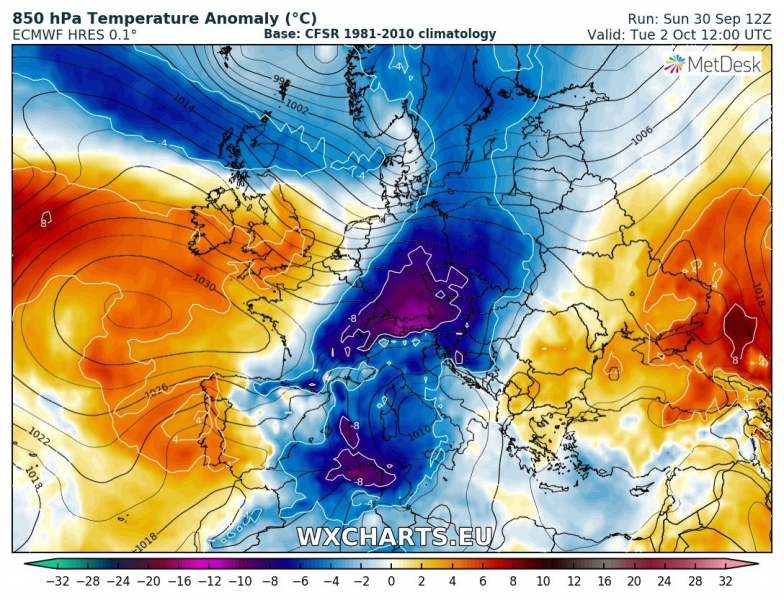 previsioni meteo europa 2 ottobre anomalia termica