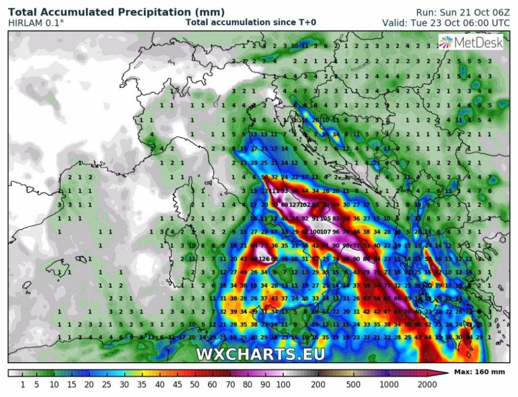 previsioni meteo maltempo italia 23 ottobre precipitazioni totali