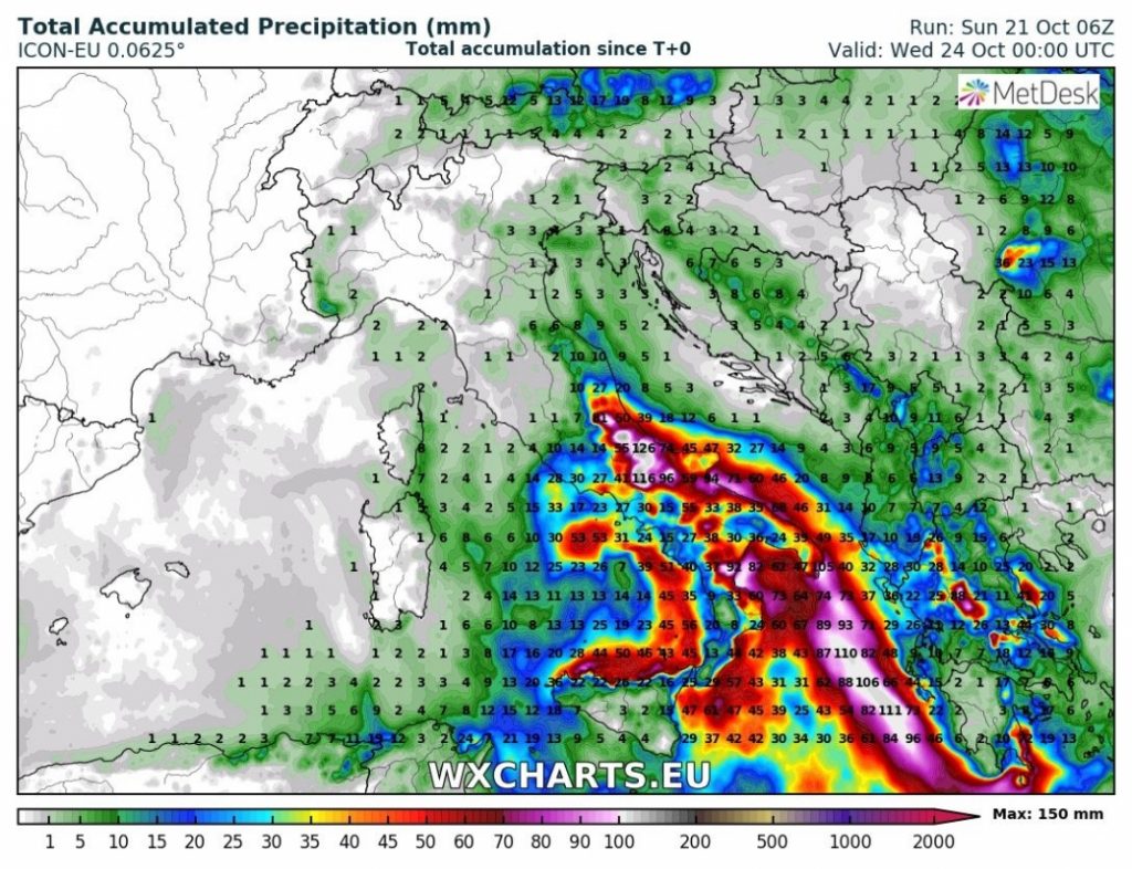 previsioni meteo maltempo italia 24 ottobre precipitazioni totali