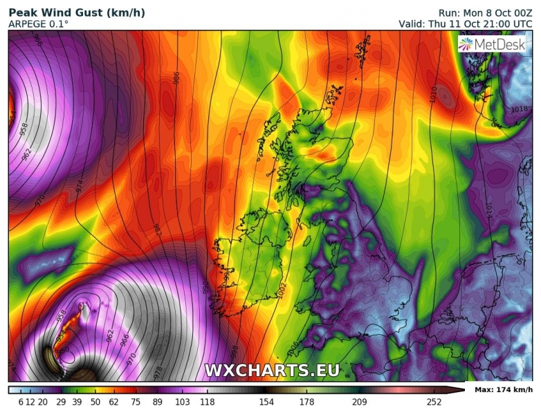 tempesta di vento irlanda 11 ottobre venti massimi