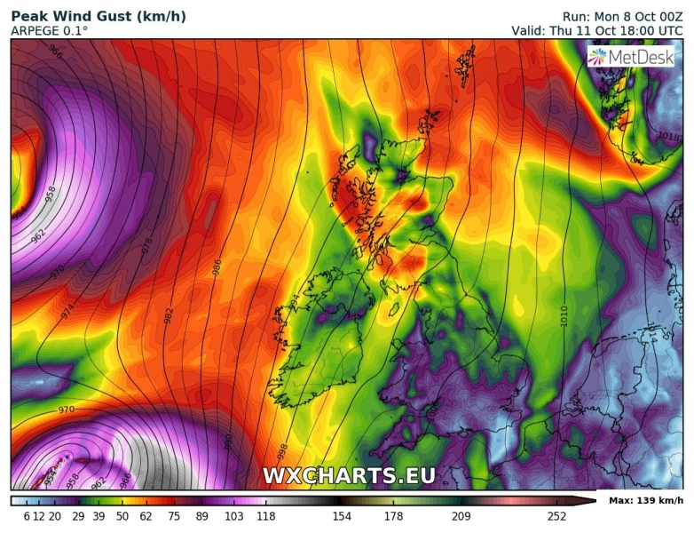 tempesta di vento irlanda 11 ottobre venti massimi