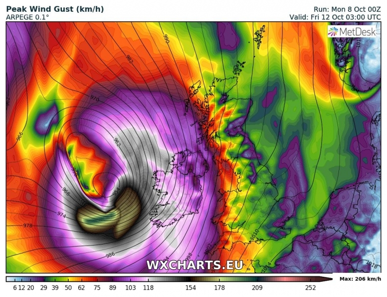 tempesta di vento irlanda 12 ottobre venti massimi